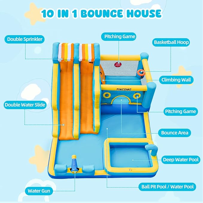 Inflatable Bounce House, 10 in 1 Double Water Slide Bounce