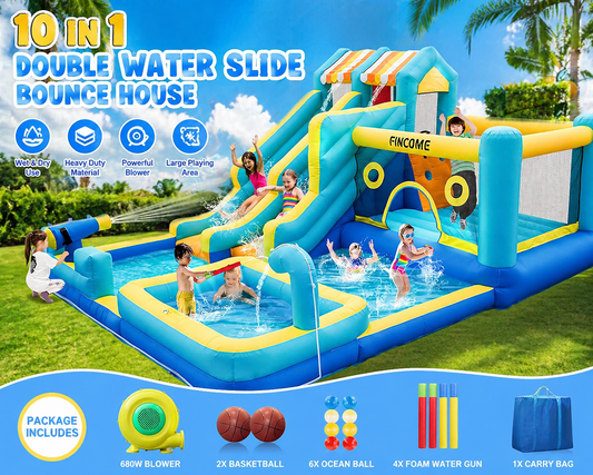 Inflatable Bounce House, 10 in 1 Double Water Slide Bounce